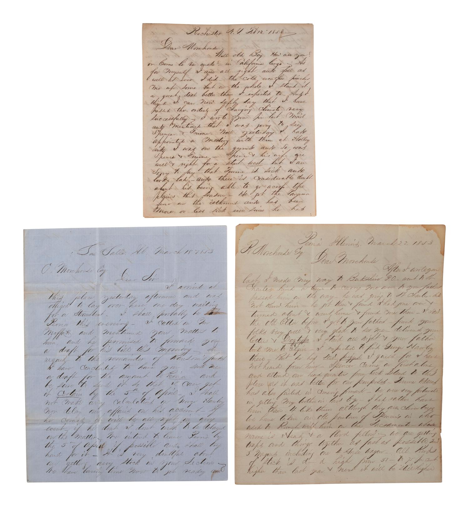 [CALIFORNIA - DROVING]. BRAINARD, William. A group of 5 autograph letters signed ("W. N. Brainard"), to R. Morehouse, Esq. Most written in a humorous tone, comprising: