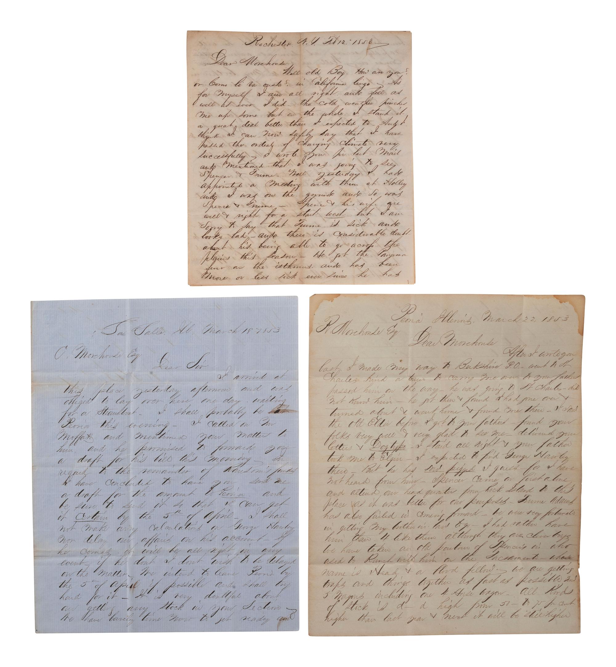 [CALIFORNIA - DROVING]. BRAINARD, William. A group of 5 autograph letters signed ("W. N. Brainard"), to R. Morehouse, Esq. Most written in a humorous tone, comprising: