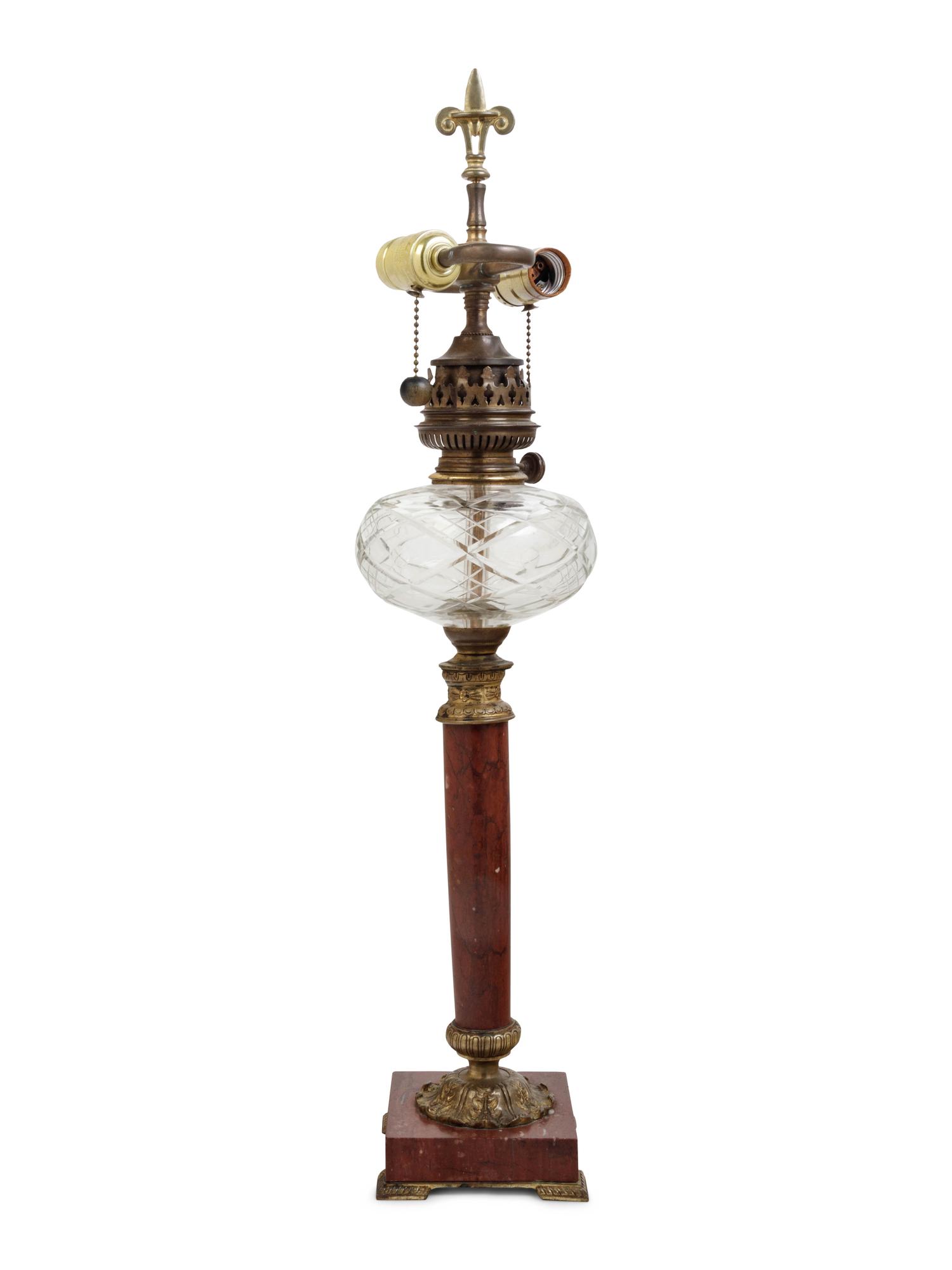 A Continental Gilt Bronze and Marble Fluid Lamp Converted to Electricity