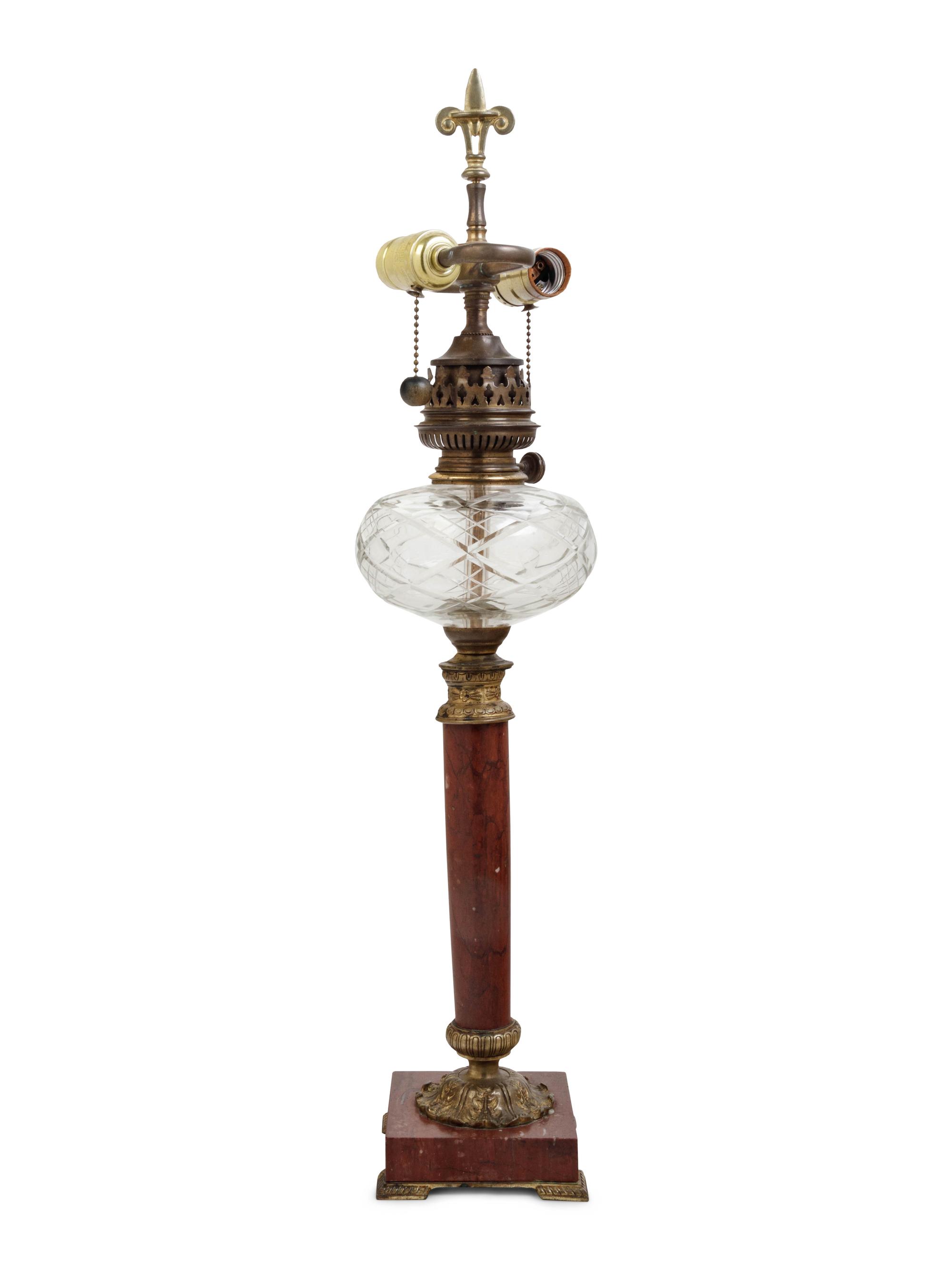A Continental Gilt Bronze and Marble Fluid Lamp Converted to Electricity