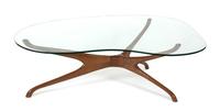 A Trisymmetric Walnut and Glass Coffee Table Height 15 1/2 x width 48 x depth 34 inches. — ATTRIBUTED TO VLADIMIR KAGAN, CIRCA 1950's