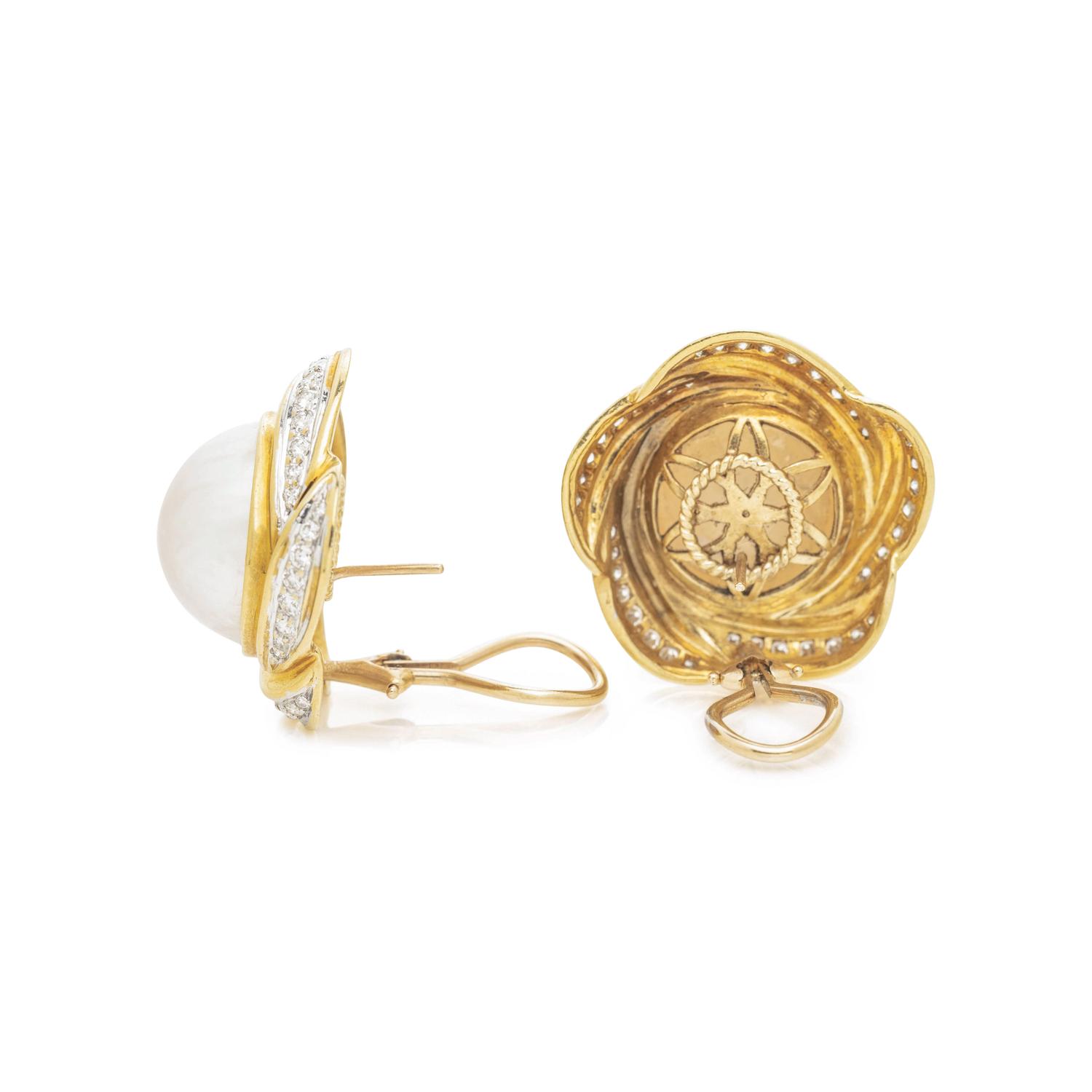CULTURED MABE PEARL AND DIAMOND EARCLIPS