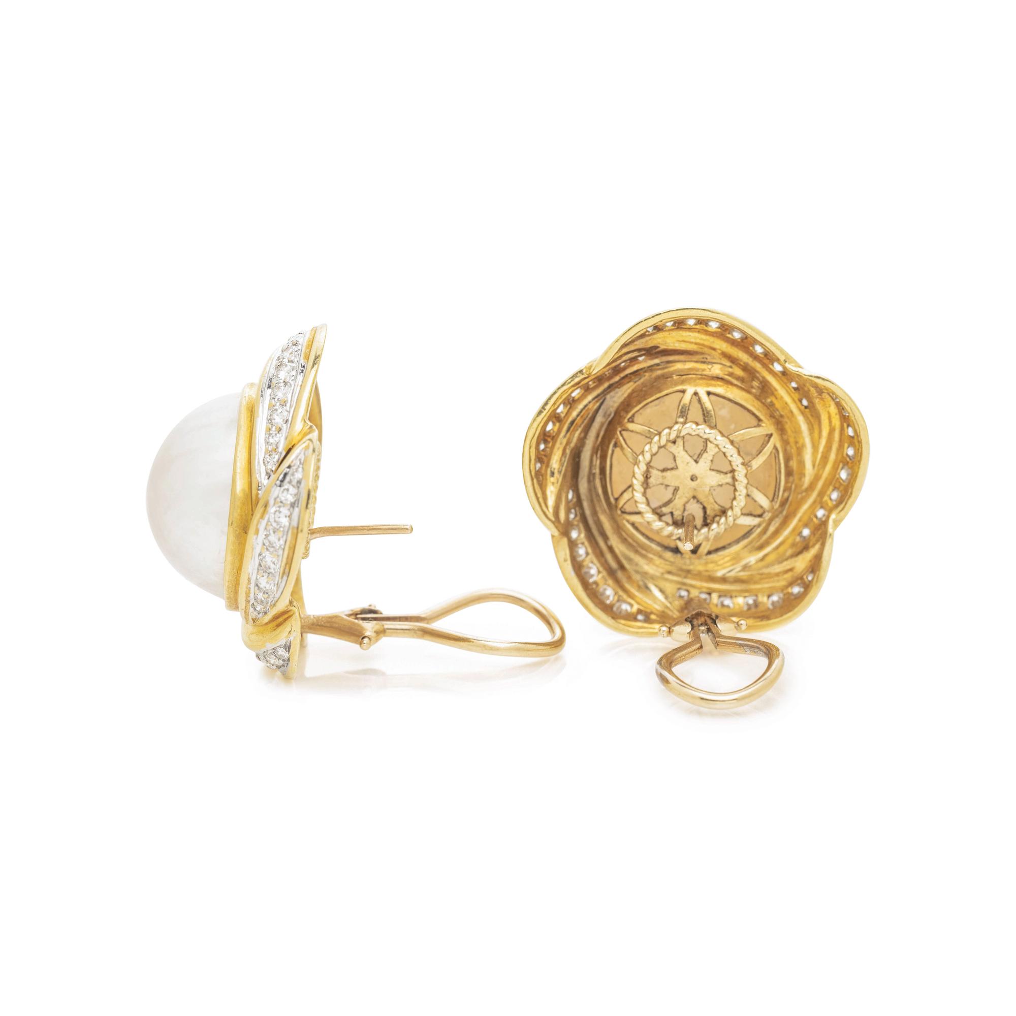 CULTURED MABE PEARL AND DIAMOND EARCLIPS