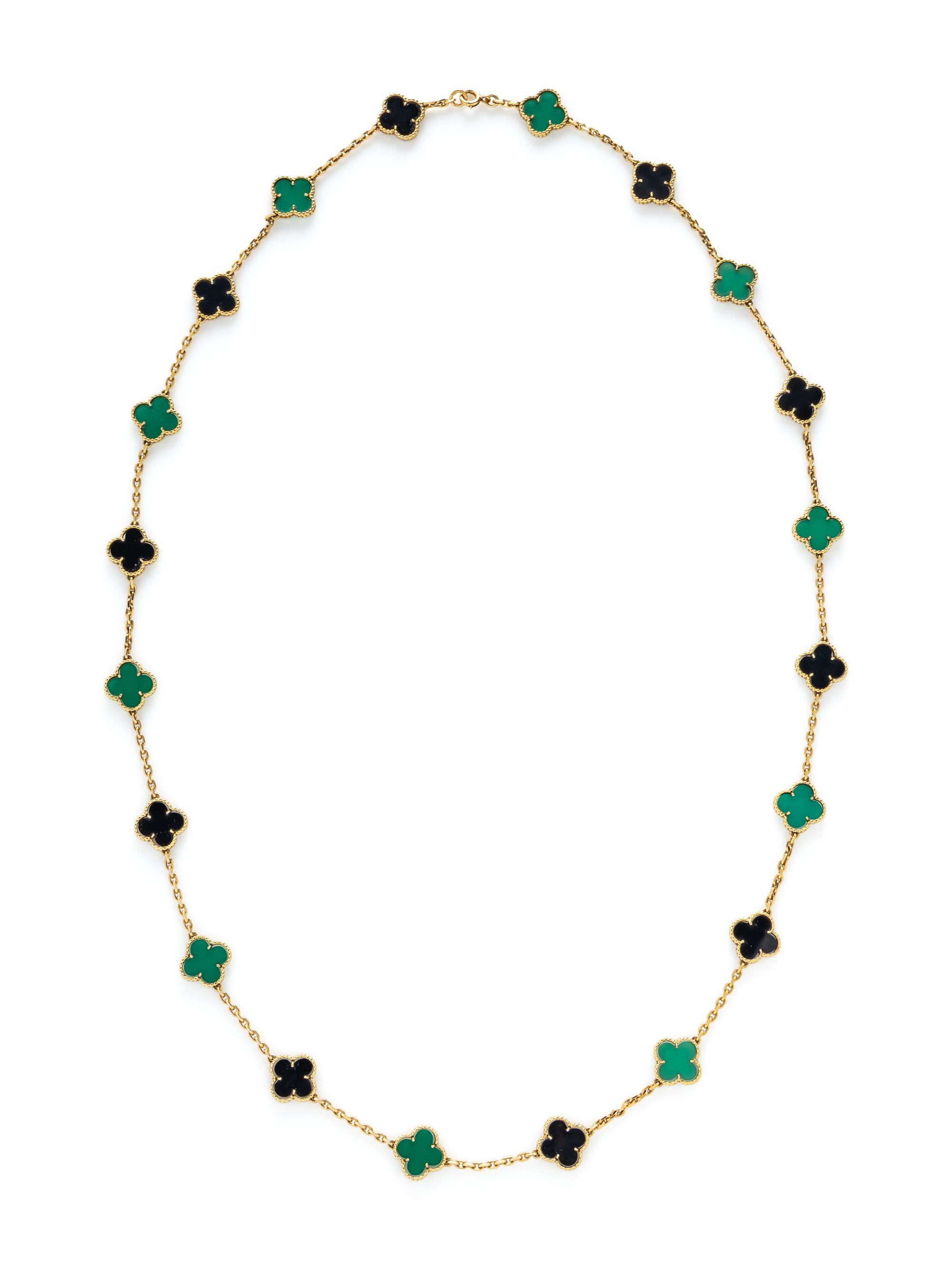VAN CLEEF & ARPELS, TWENTY MOTIF ONYX, CHRYSOPRASE, AND YELLOW GOLD 'ALHAMBRA' NECKLACE