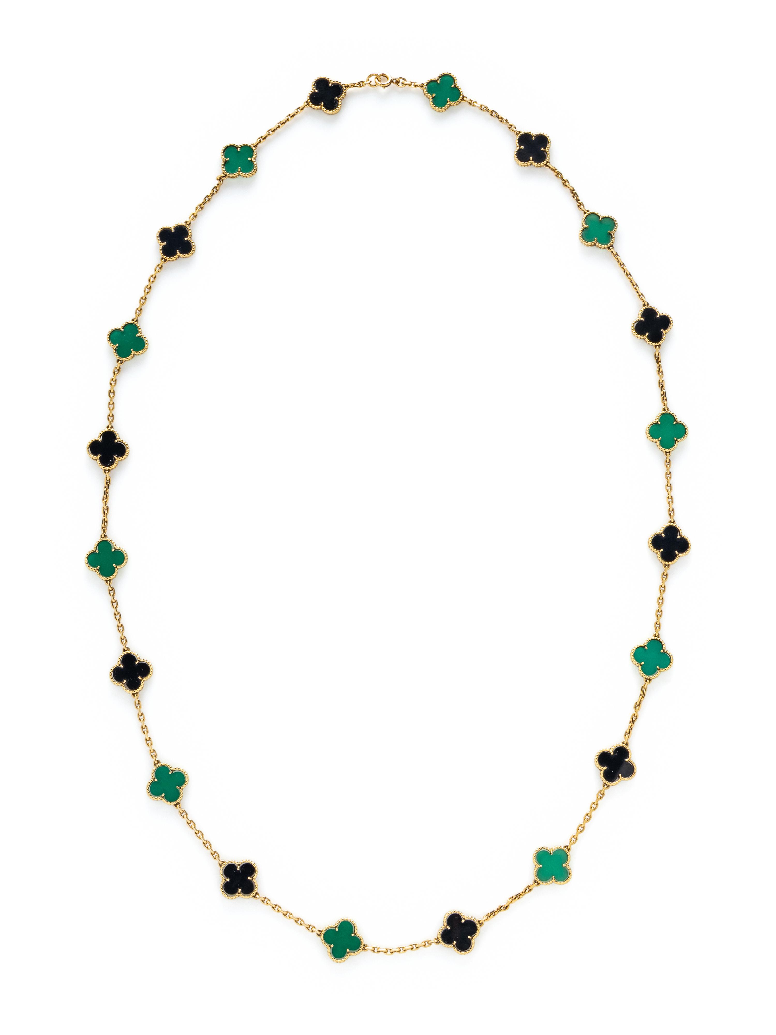 VAN CLEEF & ARPELS, TWENTY MOTIF ONYX, CHRYSOPRASE, AND YELLOW GOLD 'ALHAMBRA' NECKLACE