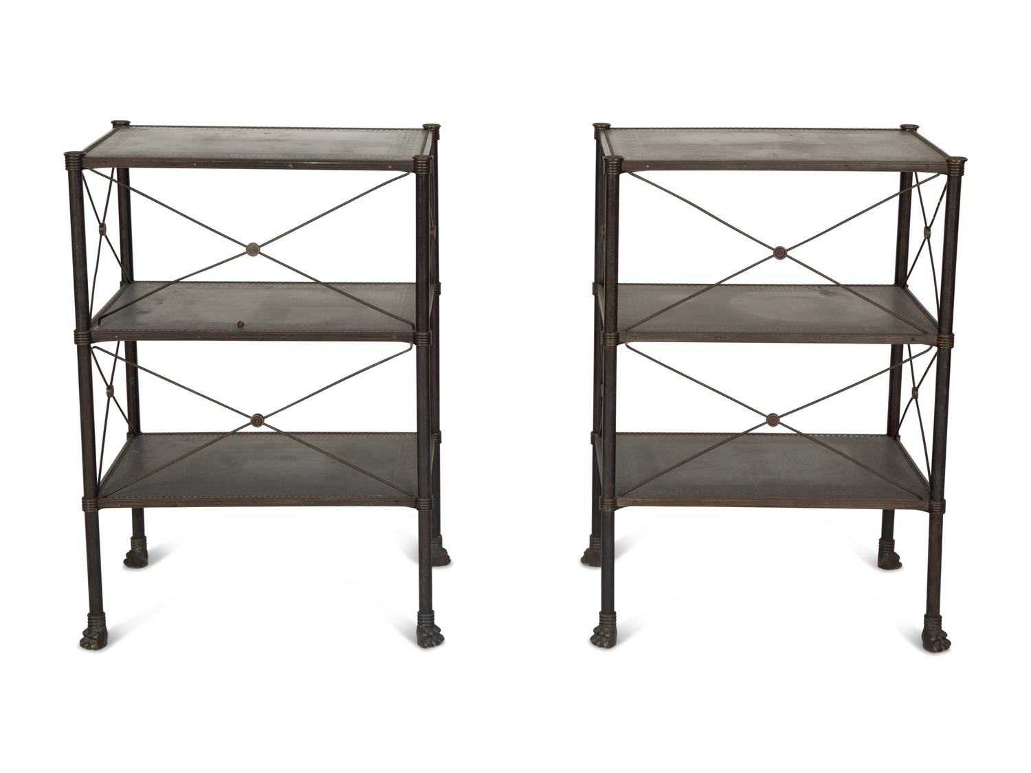 A Pair of French Brass Mounted Black Tole Shelves in the Manner of Maison Jansen — 20th Century