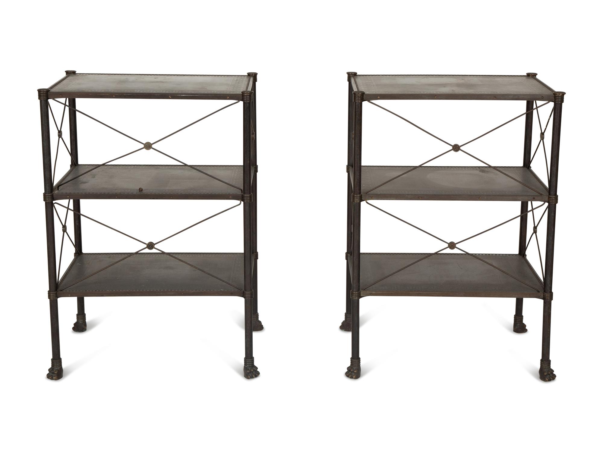 A Pair of French Brass Mounted Black Tole Shelves in the Manner of Maison Jansen — 20th Century
