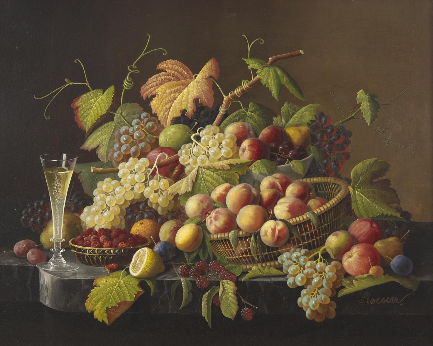 Still Life with Fruit and Champagne on a Marble Ledge , c. 1860