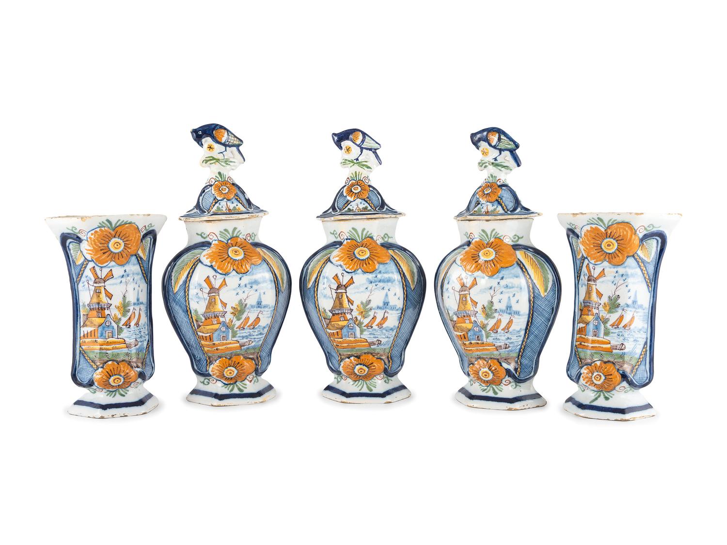 A Dutch Glazed Earthenware Five-Piece Garniture