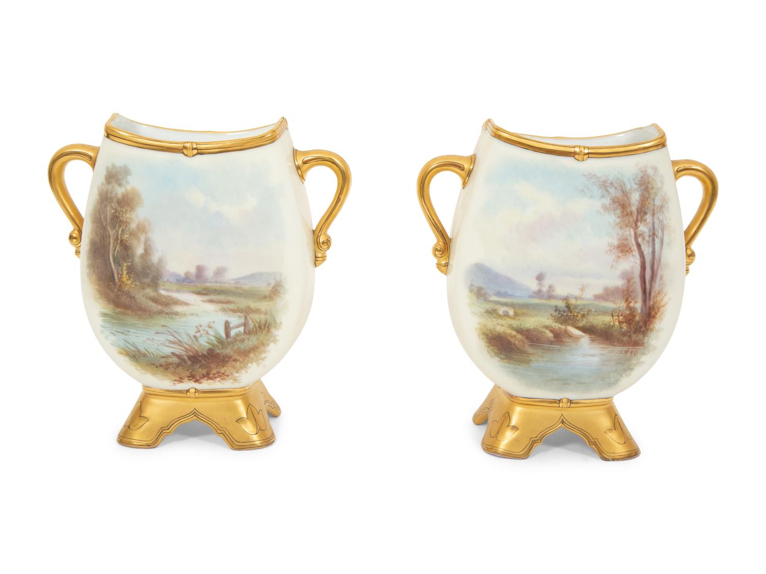 Pair of Continental Painted Porcelain Footed Vases