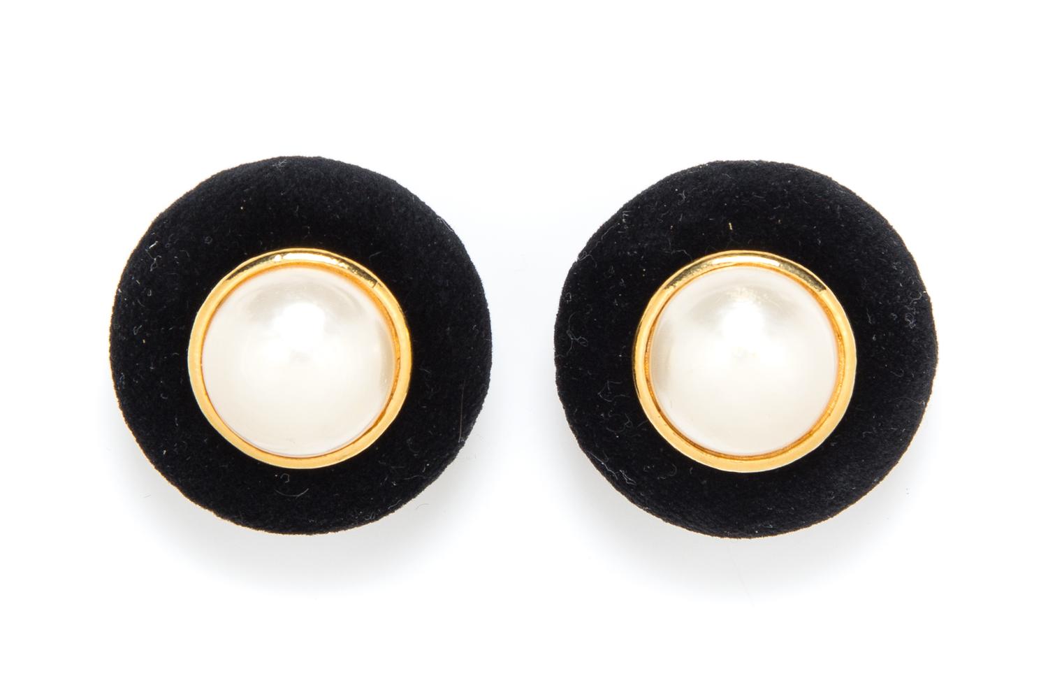 A Pair of Chanel Faux Pearl and Black Velvet Earclips, 2" x 2".
