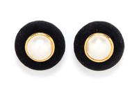 A Pair of Chanel Faux Pearl and Black Velvet Earclips, 2" x 2".