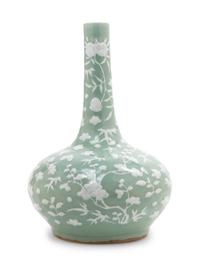 A Celadon Ground White Slip-Decorated Porcelain Bottle Vase