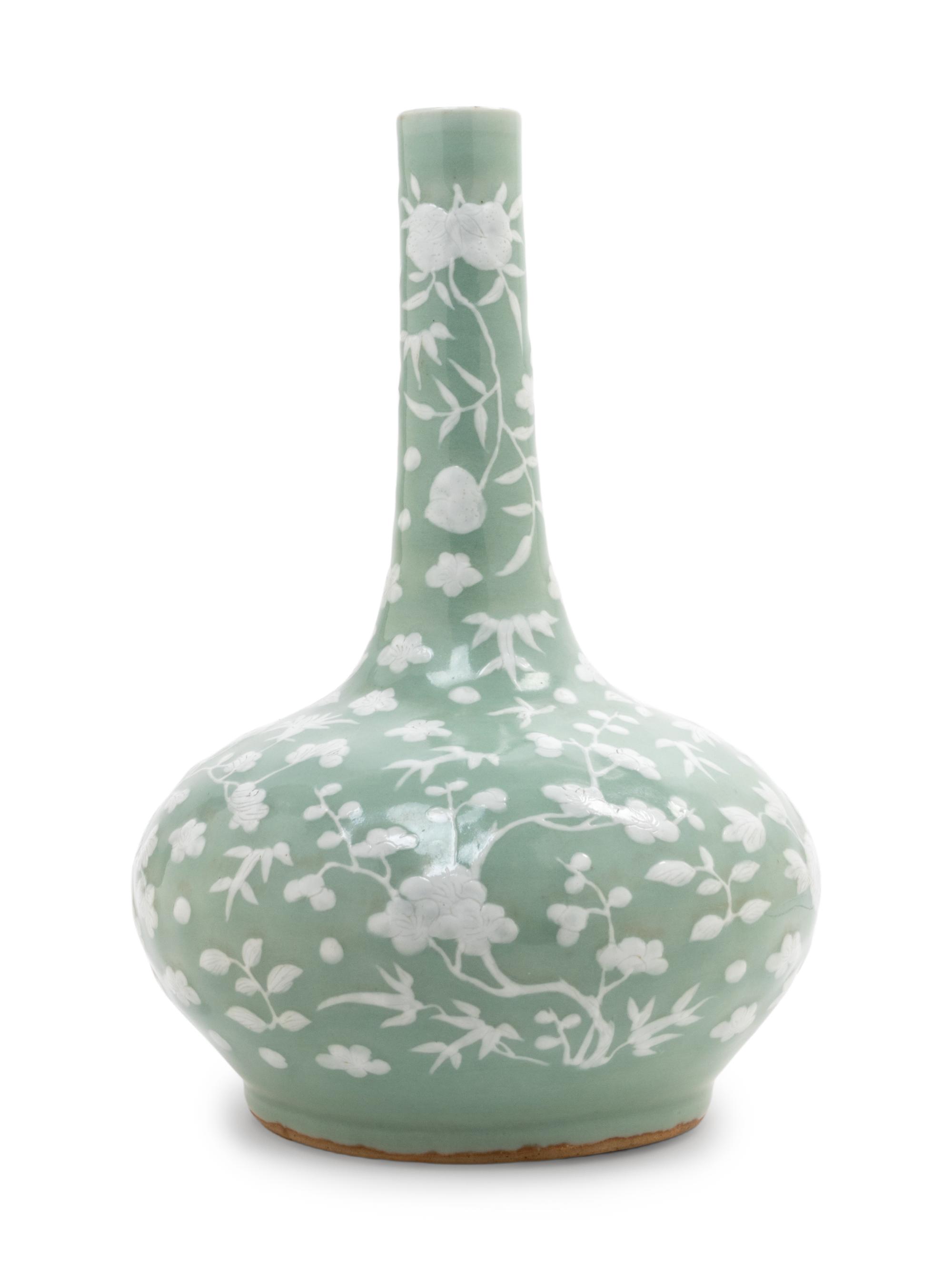 A Celadon Ground White Slip-Decorated Porcelain Bottle Vase