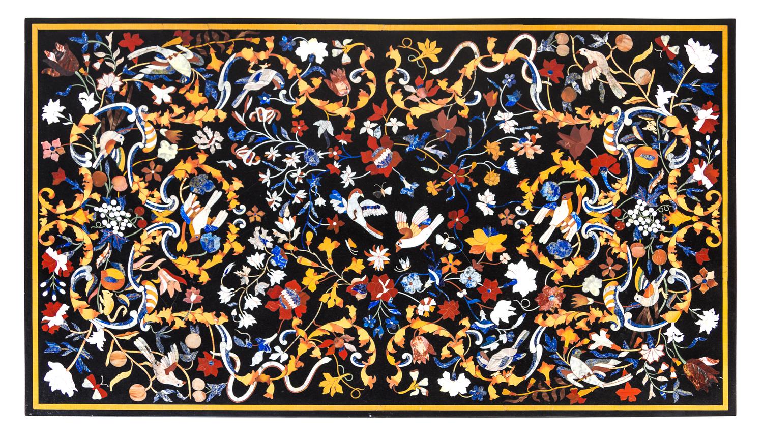 An Italian Pietra Dura Table Top Height 18 1/4 x width 62 x depth 36 inches.