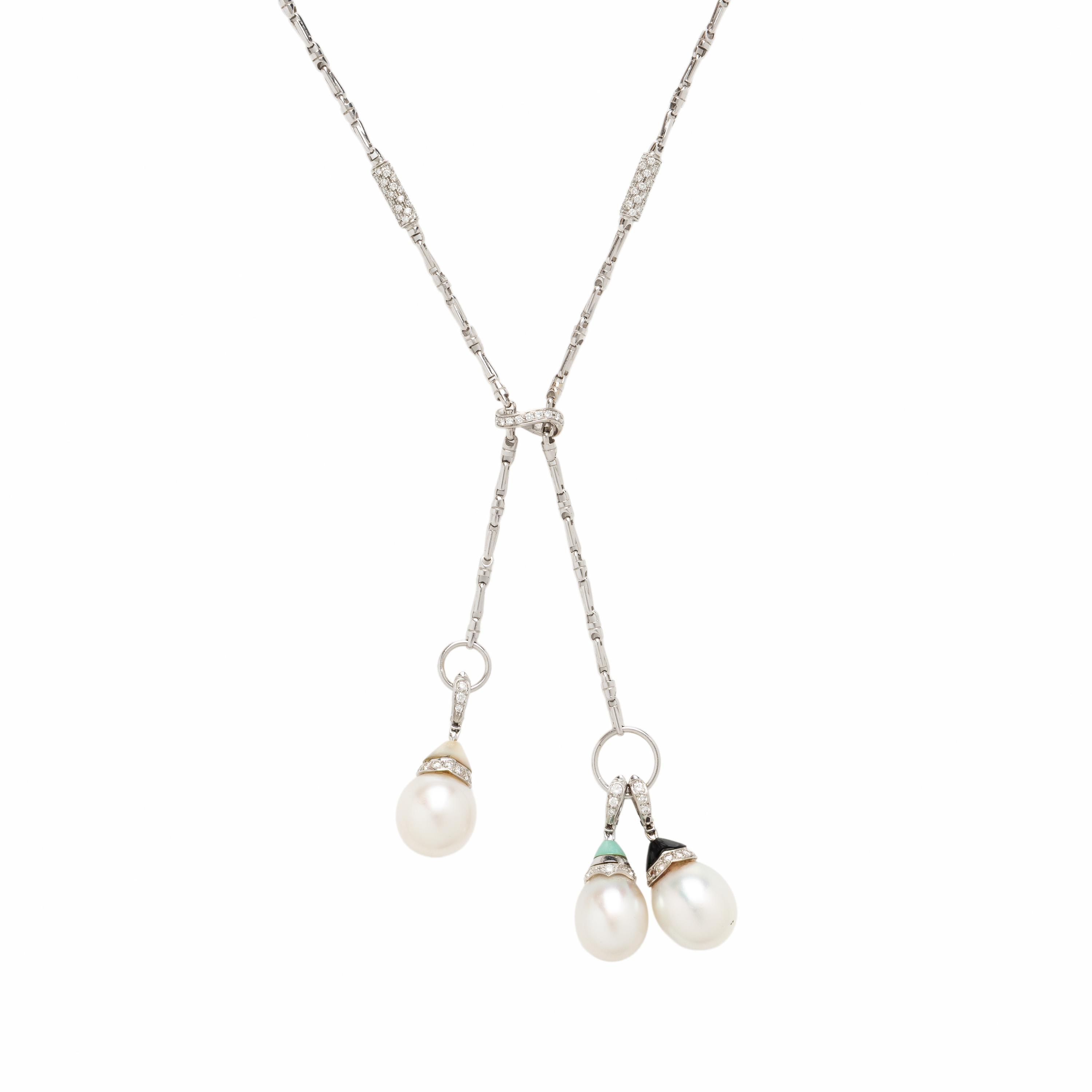 Ellagem, White Gold and Diamond Lariat Necklace with Six Interchangeable Cultured Pearl Drops