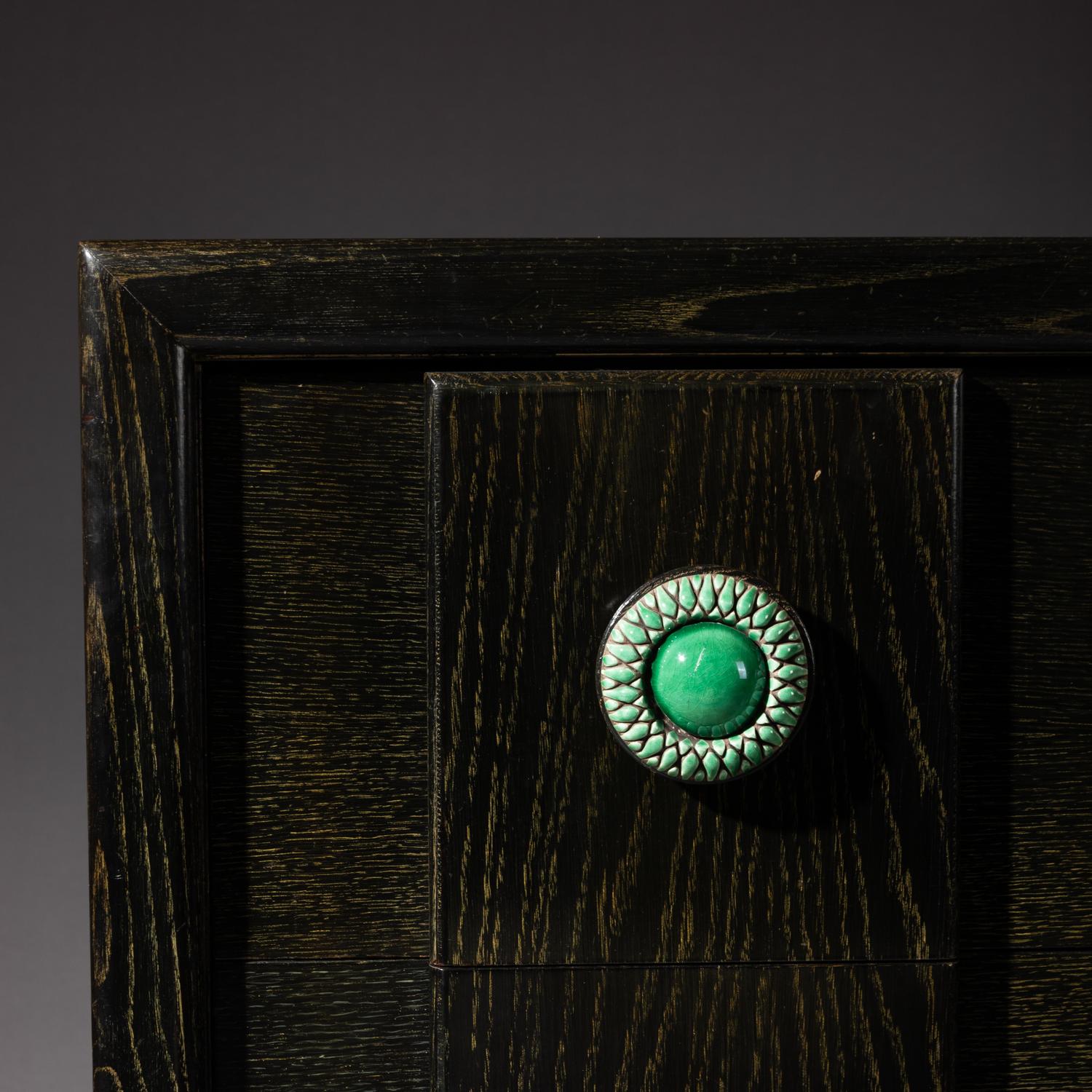 Cerused Oak Chest with Green Ceramic Pulls USA