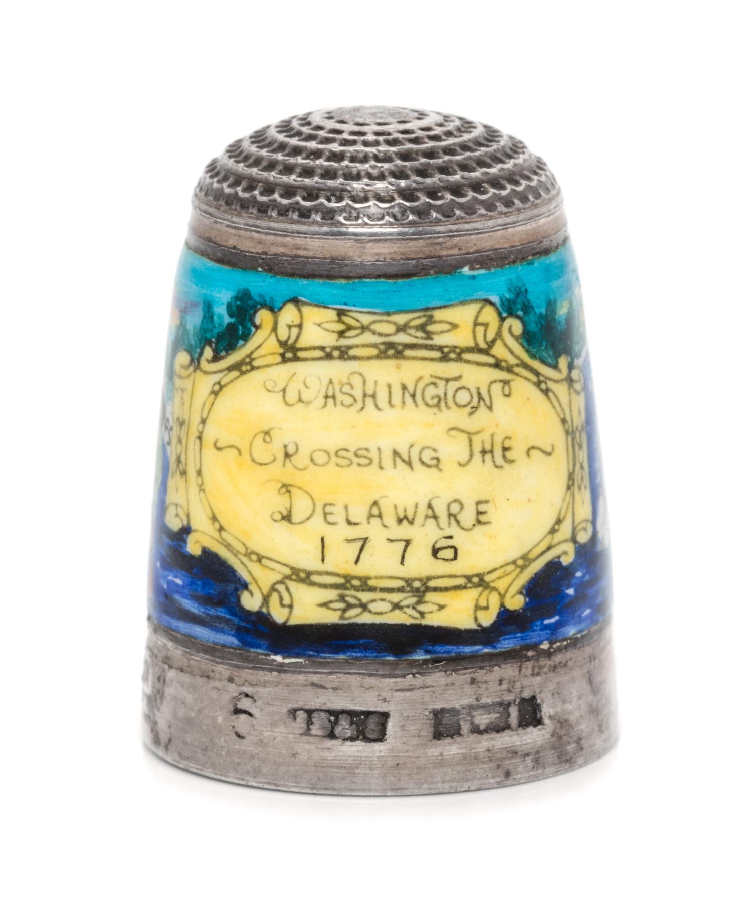 An English Silver and Enamel Thimble, Joseph Swan & Sons, Birmingham, 1973, the knurled top above an enamel body depicting Washington C