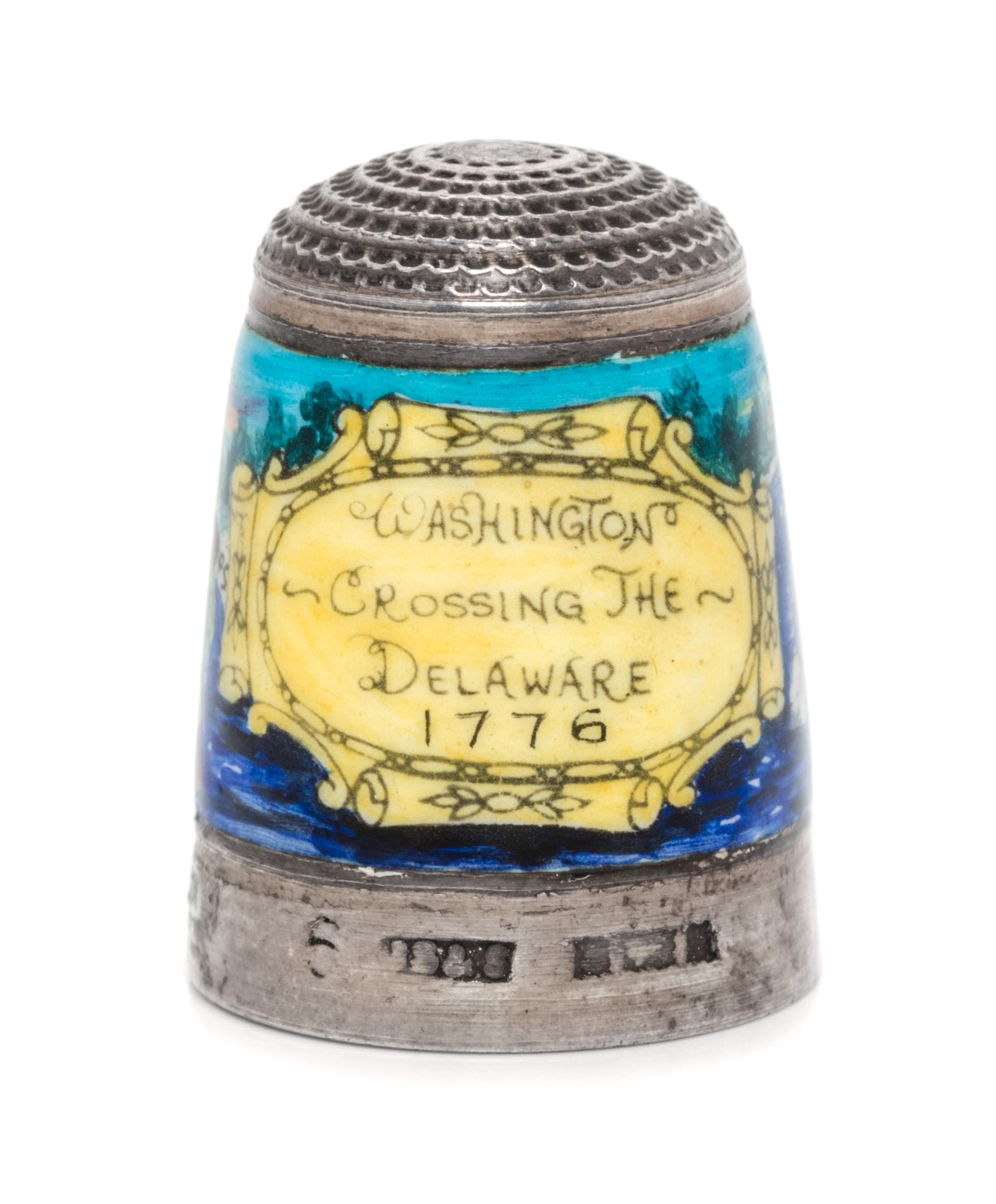 An English Silver and Enamel Thimble, Joseph Swan & Sons, Birmingham, 1973, the knurled top above an enamel body depicting Washington C