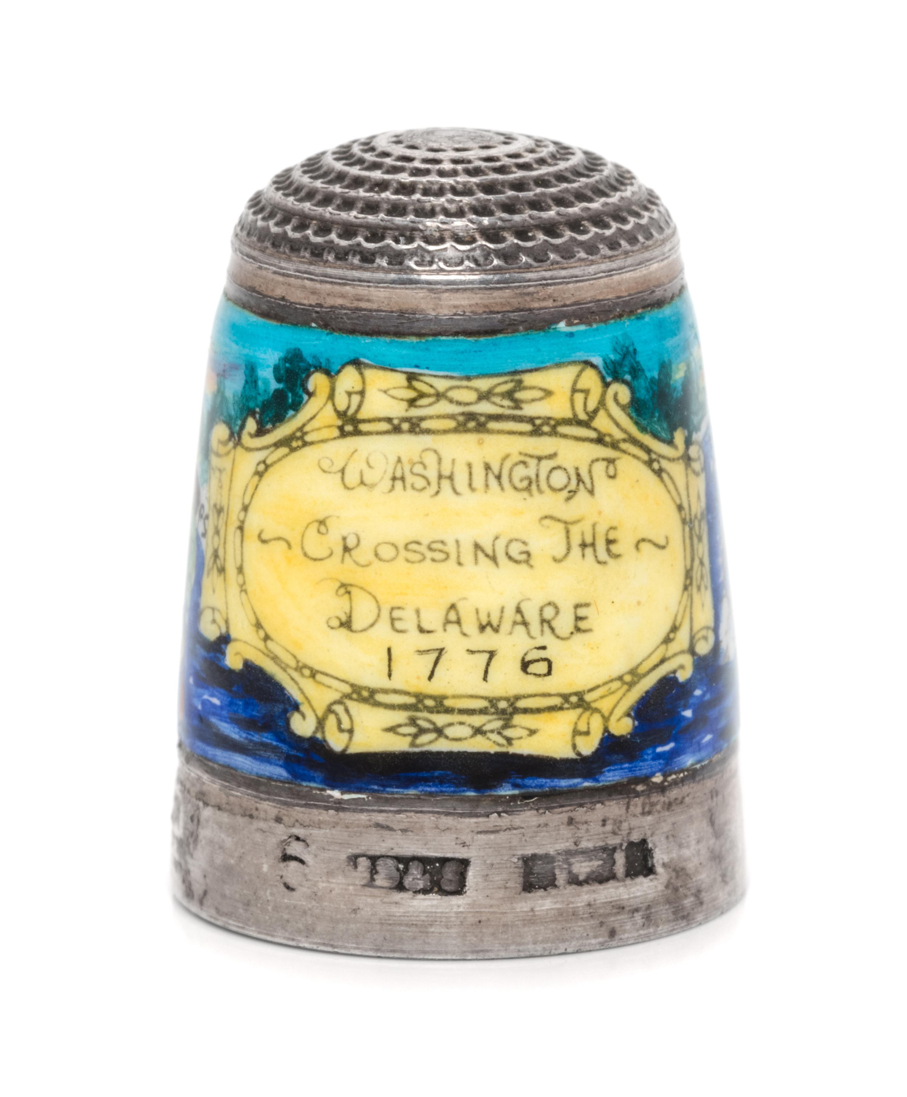 An English Silver and Enamel Thimble, Joseph Swan & Sons, Birmingham, 1973, the knurled top above an enamel body depicting Washington C