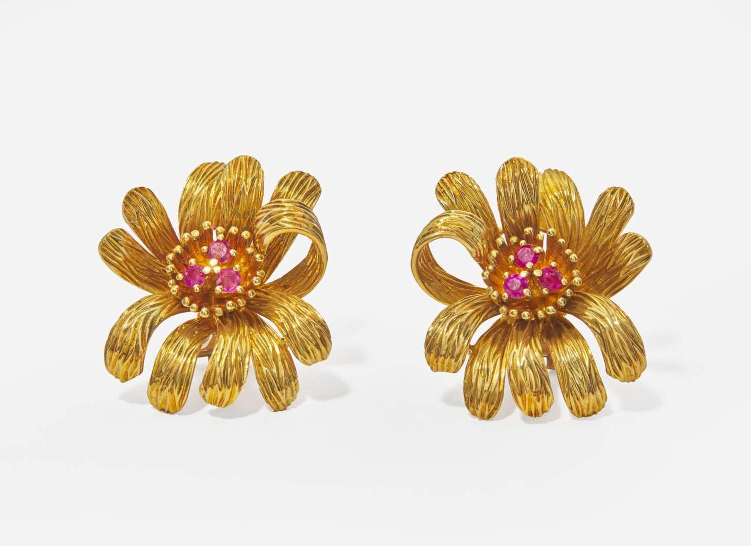 A Pair of 18K Yellow Gold and Ruby Cartier Ear Clips