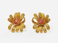 A Pair of 18K Yellow Gold and Ruby Cartier Ear Clips