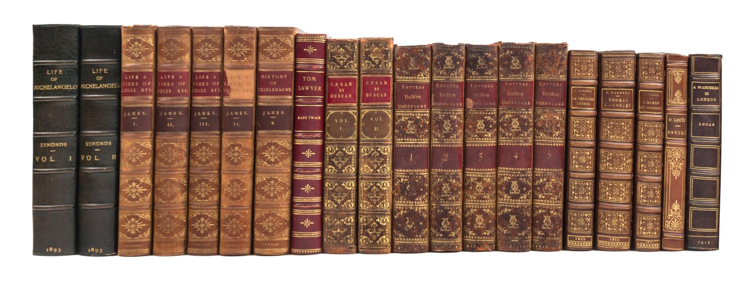 (BINDINGS) A group of 44 leather bound books.