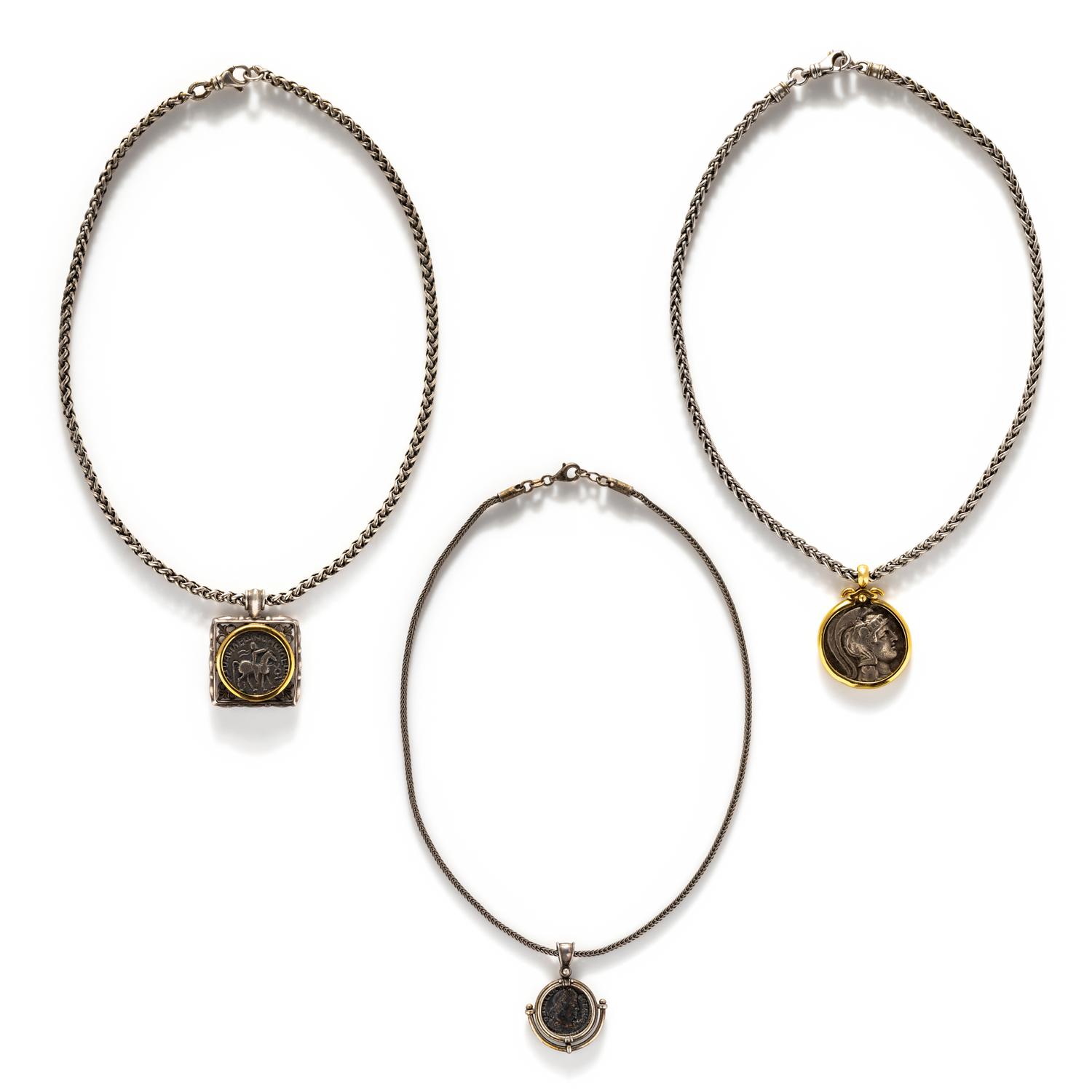 Three Greco-Roman Silver Coins — Set in silver and gold necklaces