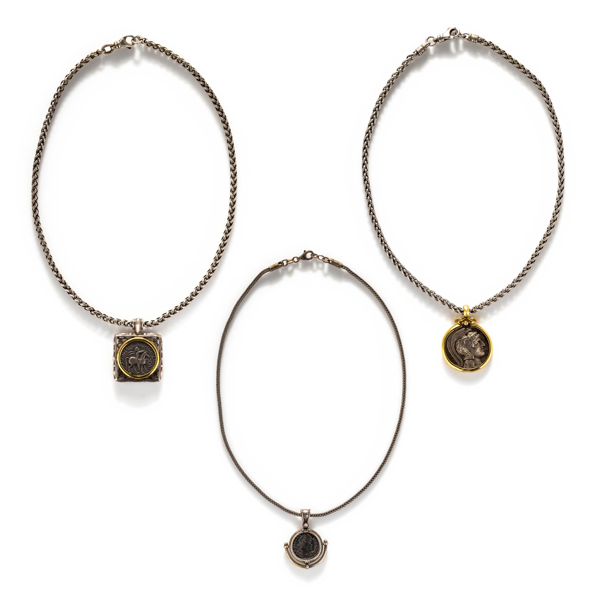 Three Greco-Roman Silver Coins — Set in silver and gold necklaces