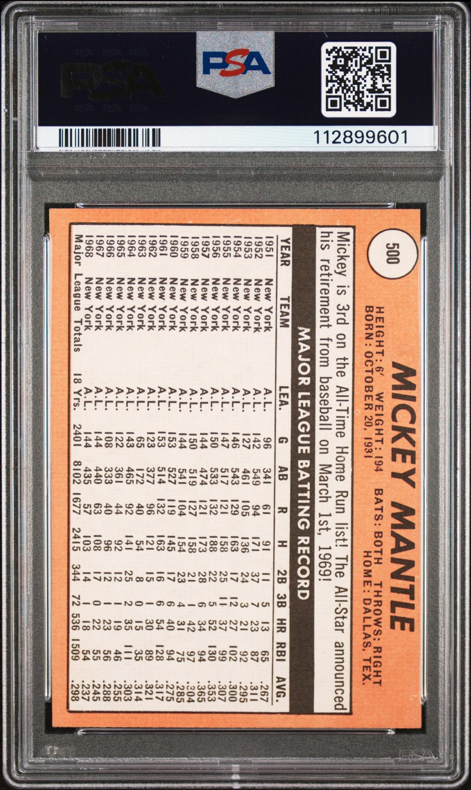 A 1969 Topps Mickey Mantle Baseball Card No. 500 - MANTLE LAST NAME IN YELLOW (PSA 5 EX)