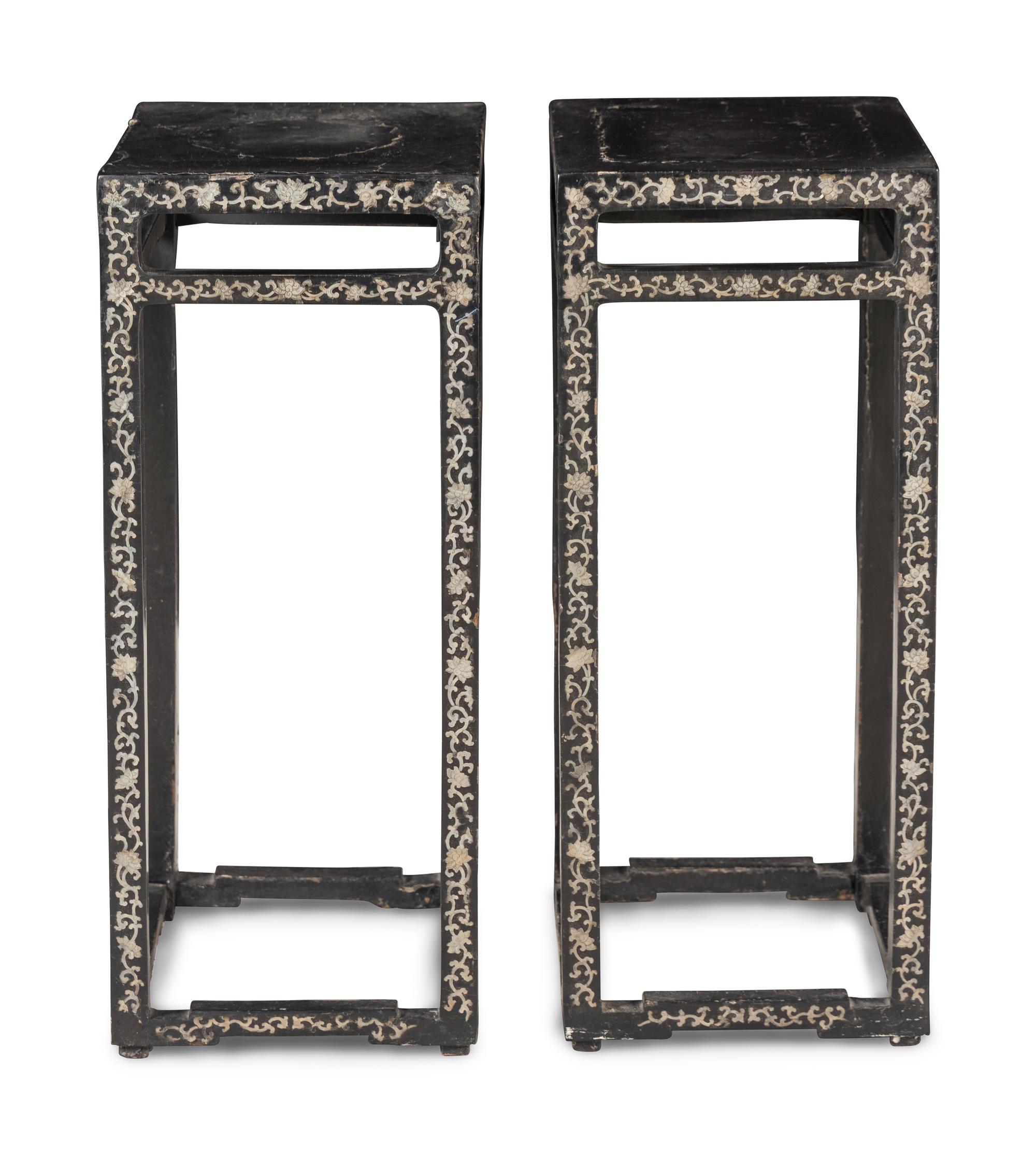A Pair of Chinese Black Lacquered Mother-of-Pearl Inlaid Square Stands, Xiangji, 19th Century 清中晚期 黑漆嵌螺鈿蓮紋方几一對