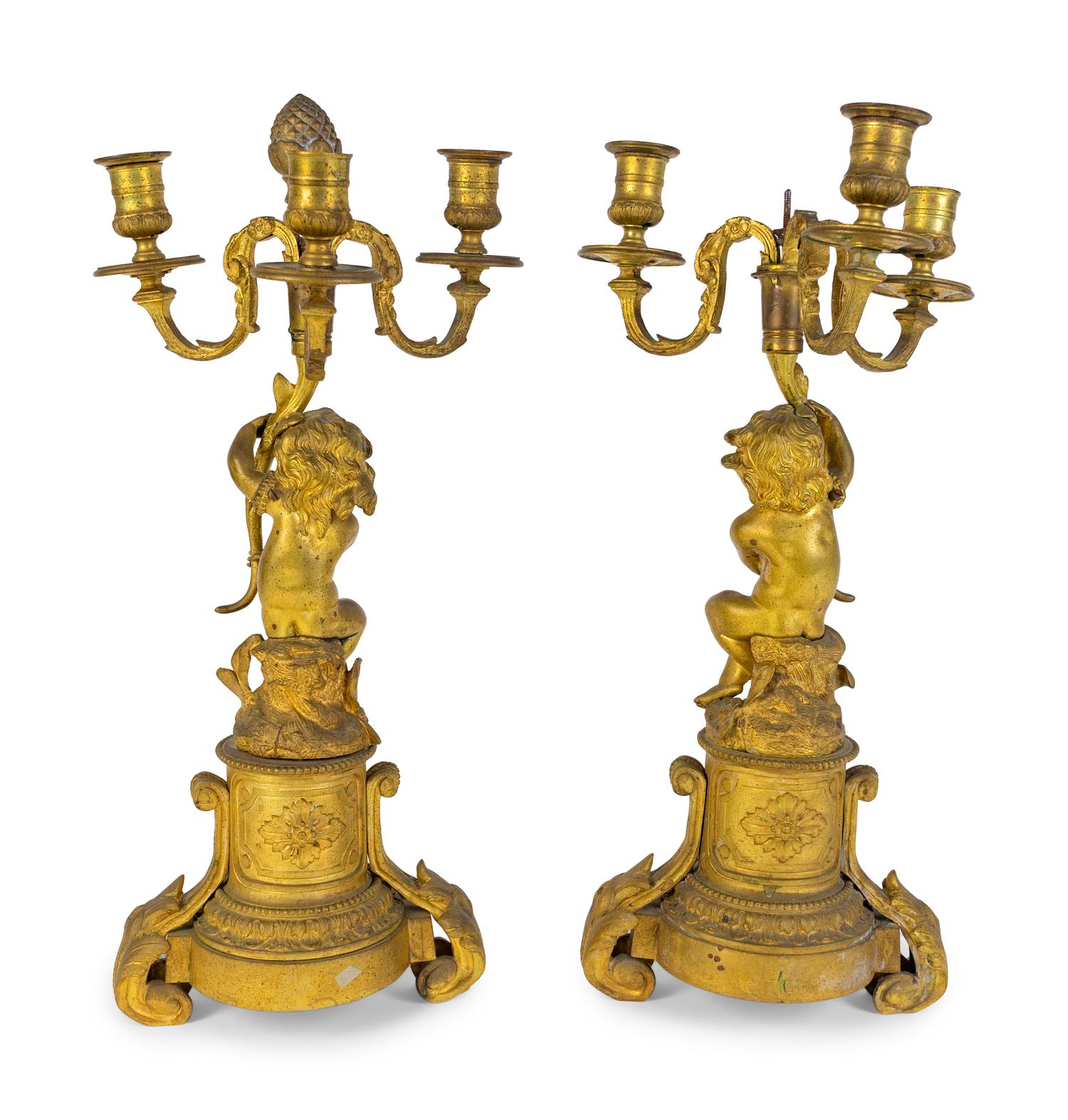 A Pair of Louis XV Style Gilt Bronze Three-Light Candelabrum — 19TH CENTURY