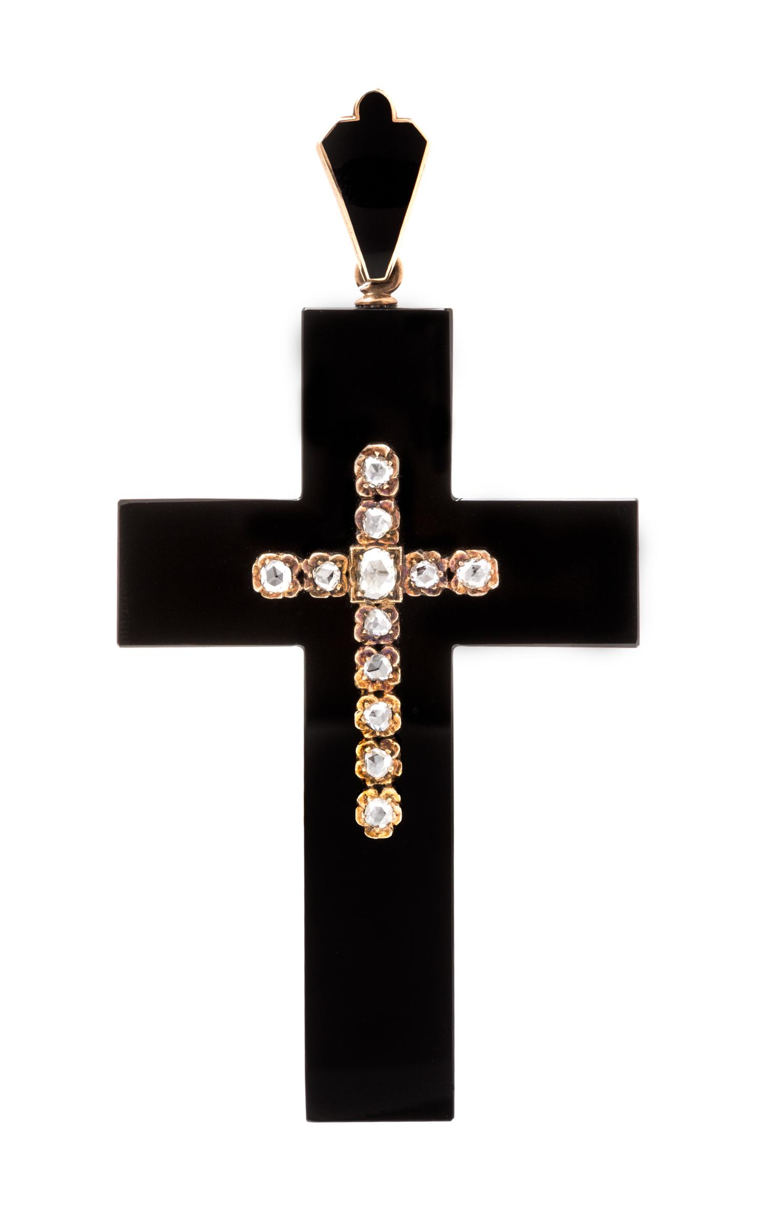 A Victorian Rose Gold, Onyx, Diamond and Enamel Mourning Cross Pendant, 21.50 dwts.