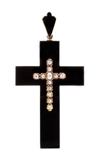A Victorian Rose Gold, Onyx, Diamond and Enamel Mourning Cross Pendant, 21.50 dwts.