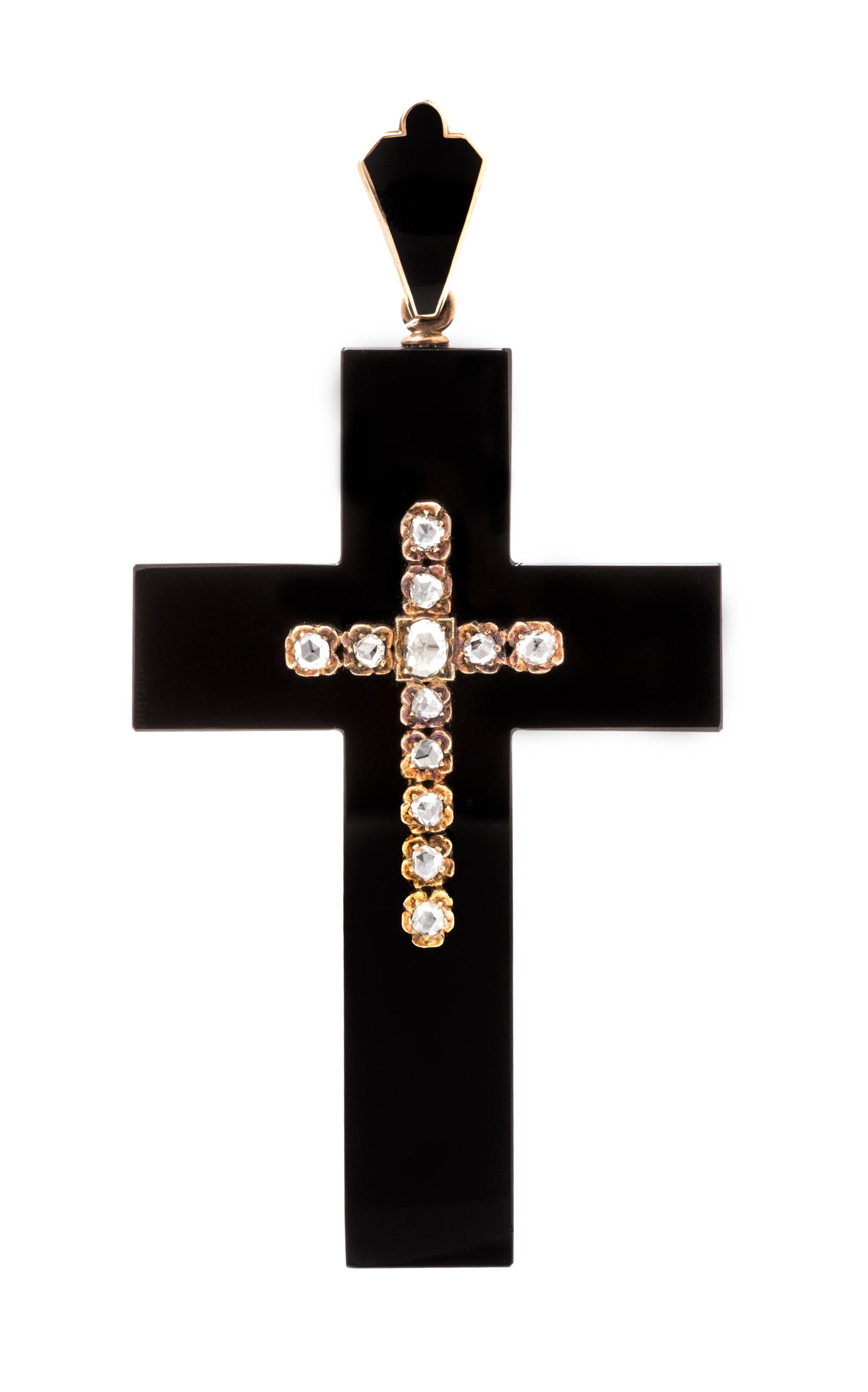 A Victorian Rose Gold, Onyx, Diamond and Enamel Mourning Cross Pendant, 21.50 dwts.