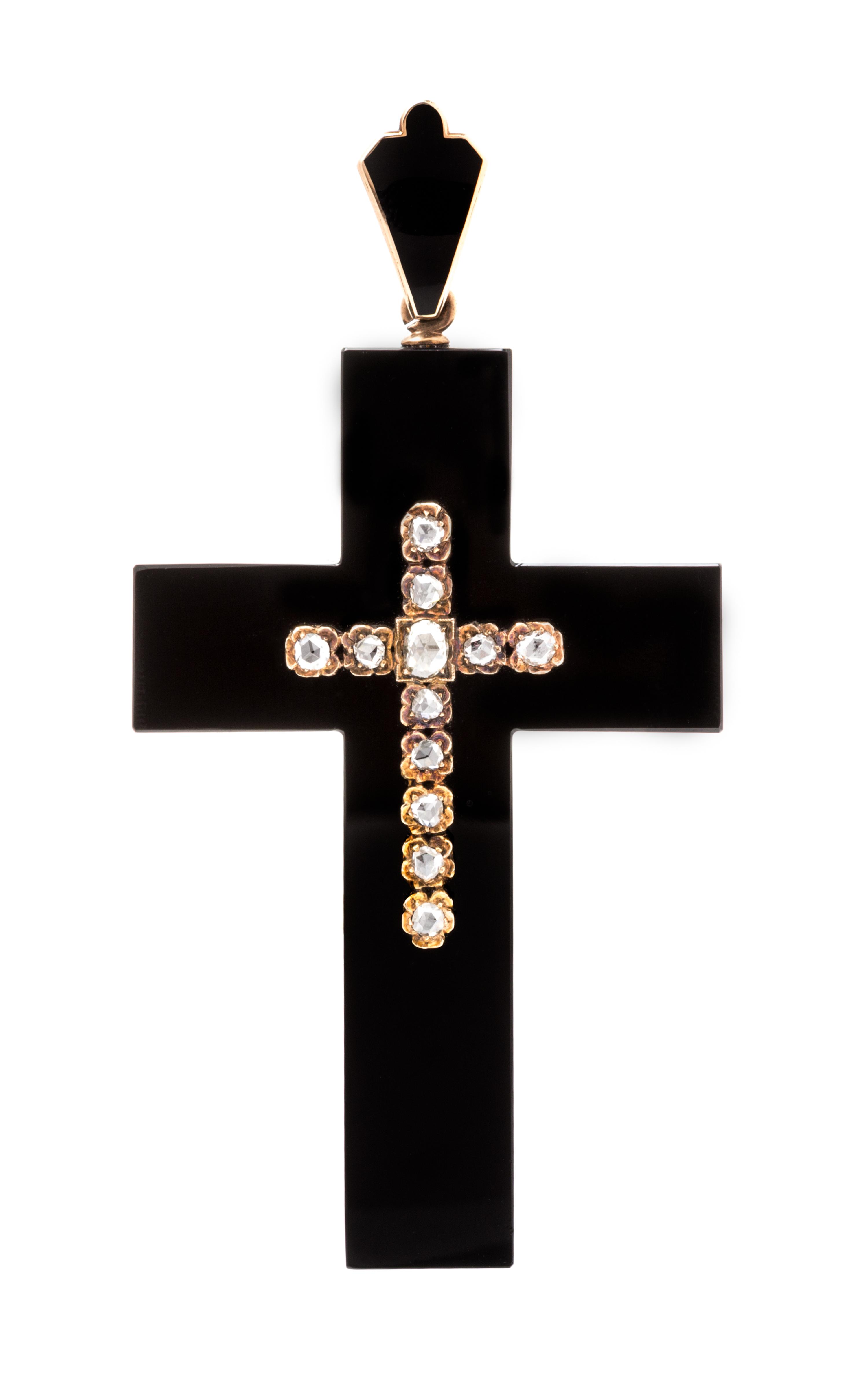 A Victorian Rose Gold, Onyx, Diamond and Enamel Mourning Cross Pendant, 21.50 dwts.