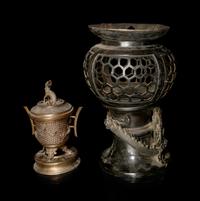Two Bronze Incense Burners and a Chinese Pewter Tray
