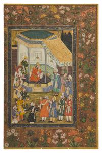 A Fine Mughal Style Miniature Folio, Mourning at Court, from the Aiyar-e Danish, A Book of Animal Fables, North India, Delhi or Lucknow, 19th/20th Century