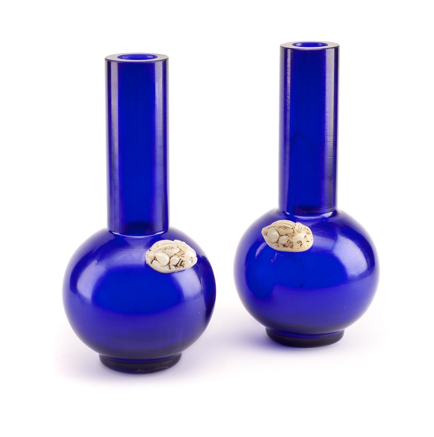 A Pair of Cobalt Blue Chinese Peking Glass Vases Height 12 inches.