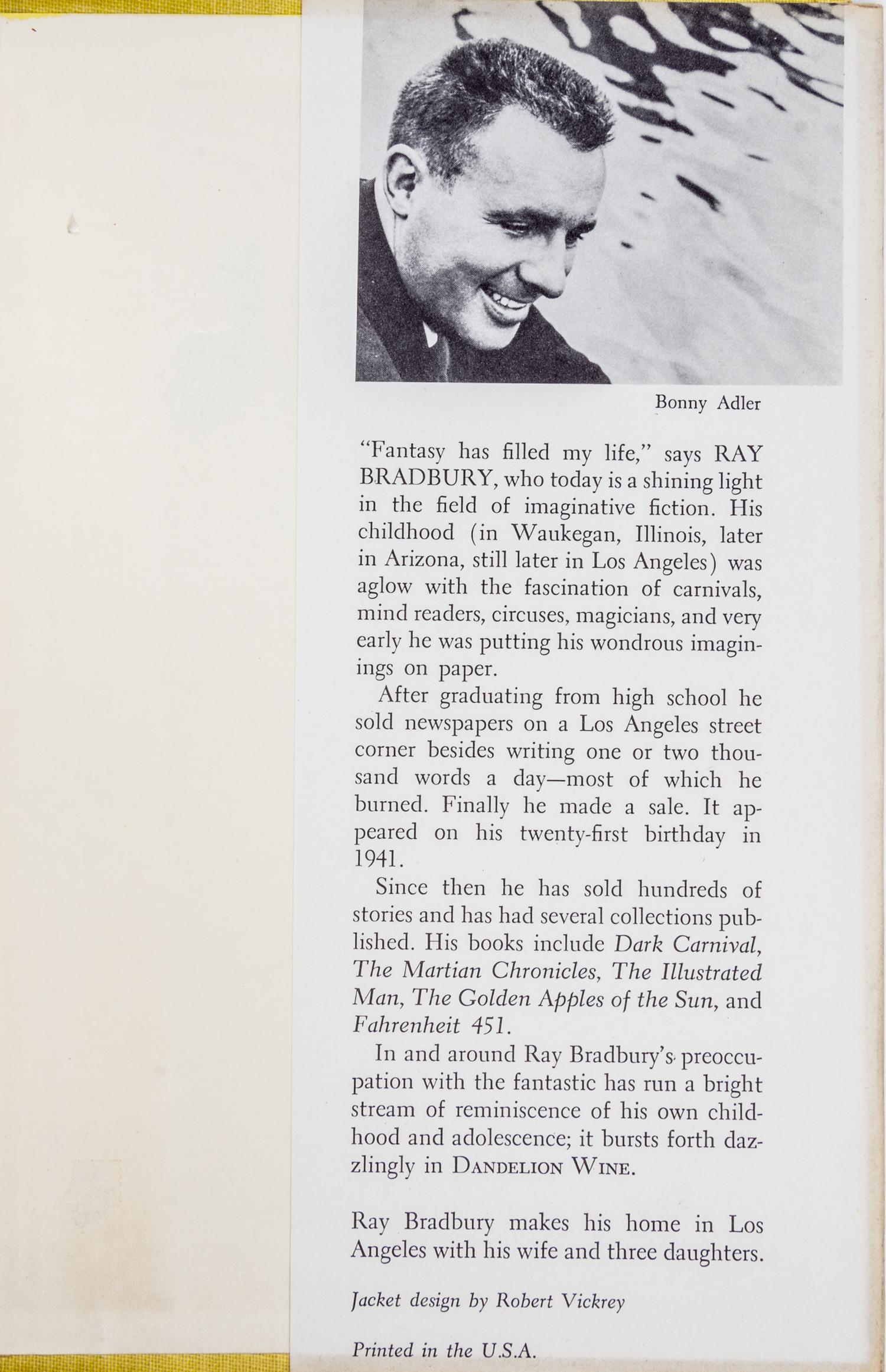 BRADBURY, RAY. Dandelion Wine. Garden City, NY, 1957. First edition, signed.
