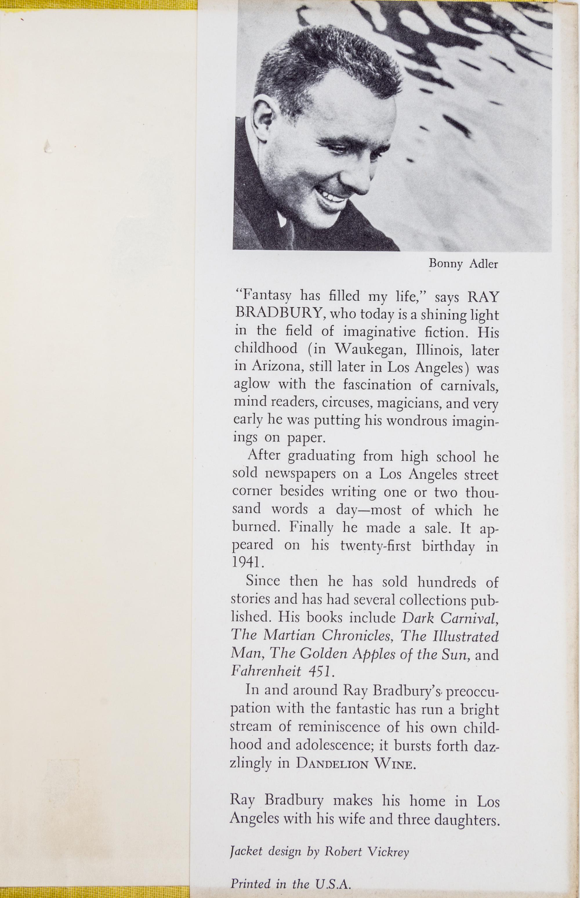 BRADBURY, RAY. Dandelion Wine. Garden City, NY, 1957. First edition, signed.