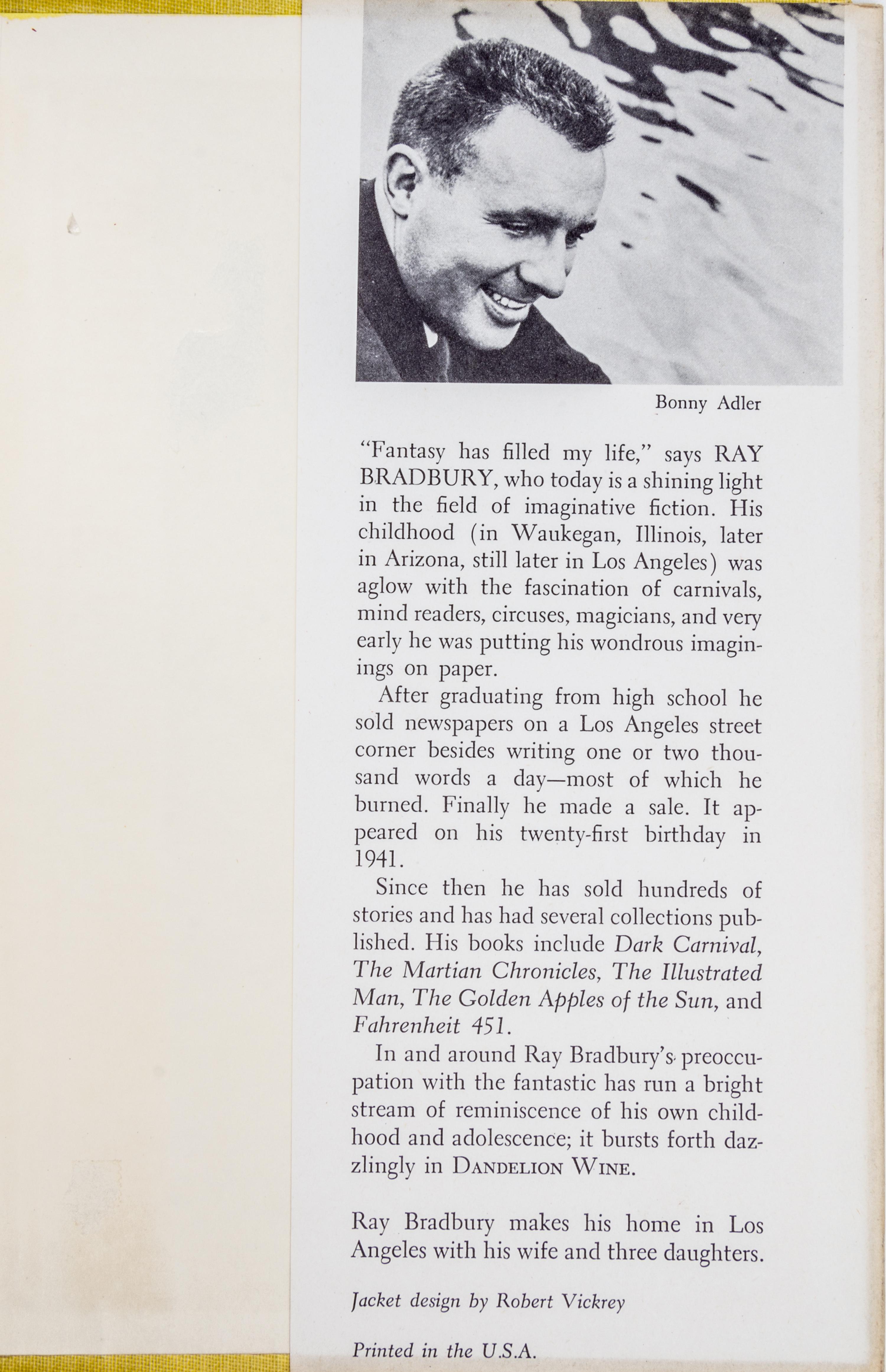 BRADBURY, RAY. Dandelion Wine. Garden City, NY, 1957. First edition, signed.