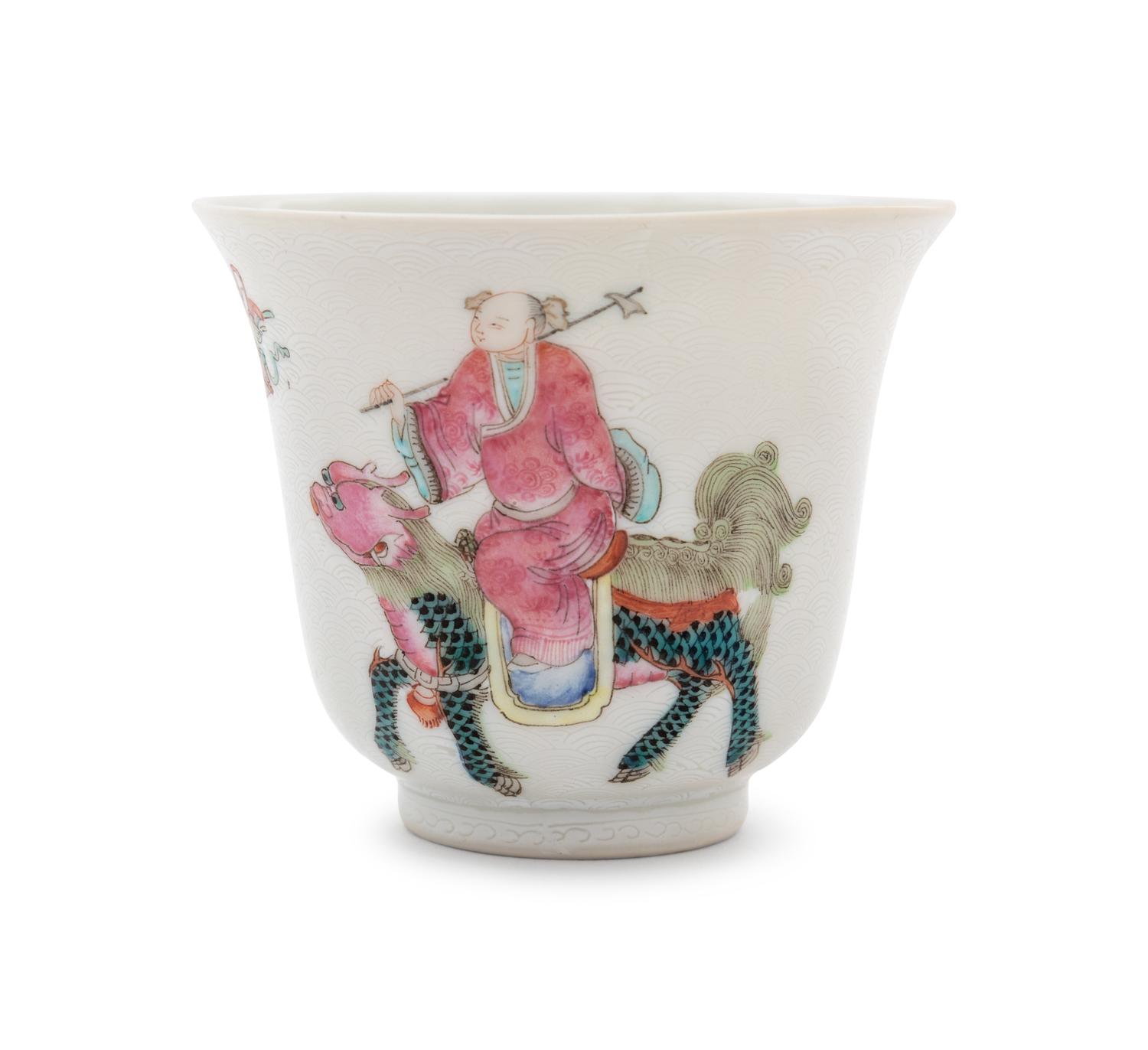Six White Sgraffito Ground Famille Rose Porcelain "Eight Immortal' Bell-Shaped Wine Cups