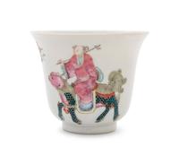 Six White Sgraffito Ground Famille Rose Porcelain "Eight Immortal' Bell-Shaped Wine Cups