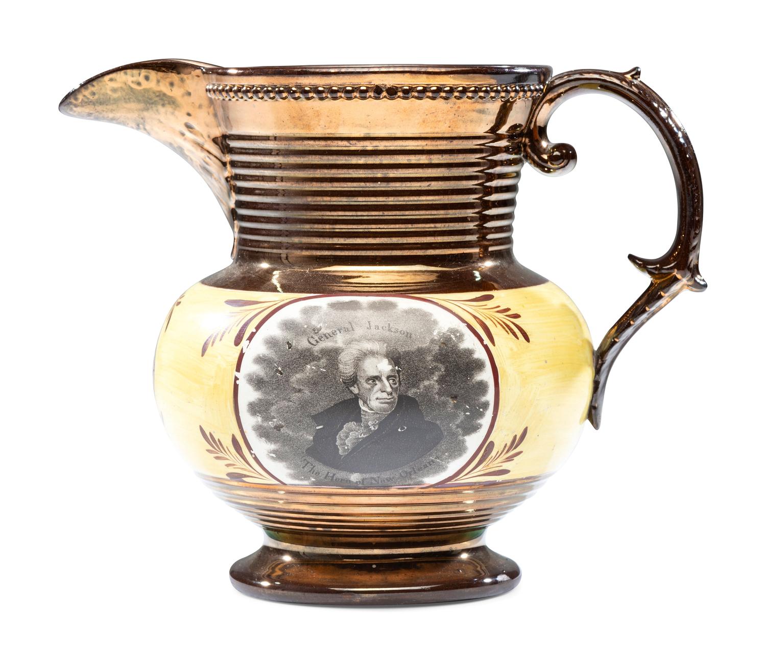A Staffordshire Transfer-Printed Copper Lustre 'General Jackson Hero of New Orleans' Pitcher