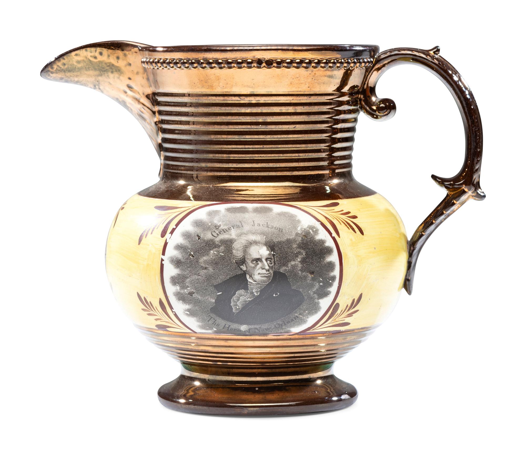 A Staffordshire Transfer-Printed Copper Lustre 'General Jackson Hero of New Orleans' Pitcher