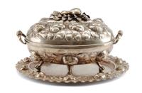 A Portuguese Silver-Plate Tureen on Stand, 20th Century, of oval form with repousse decoration fruit and foliate deocated lid, the ture
