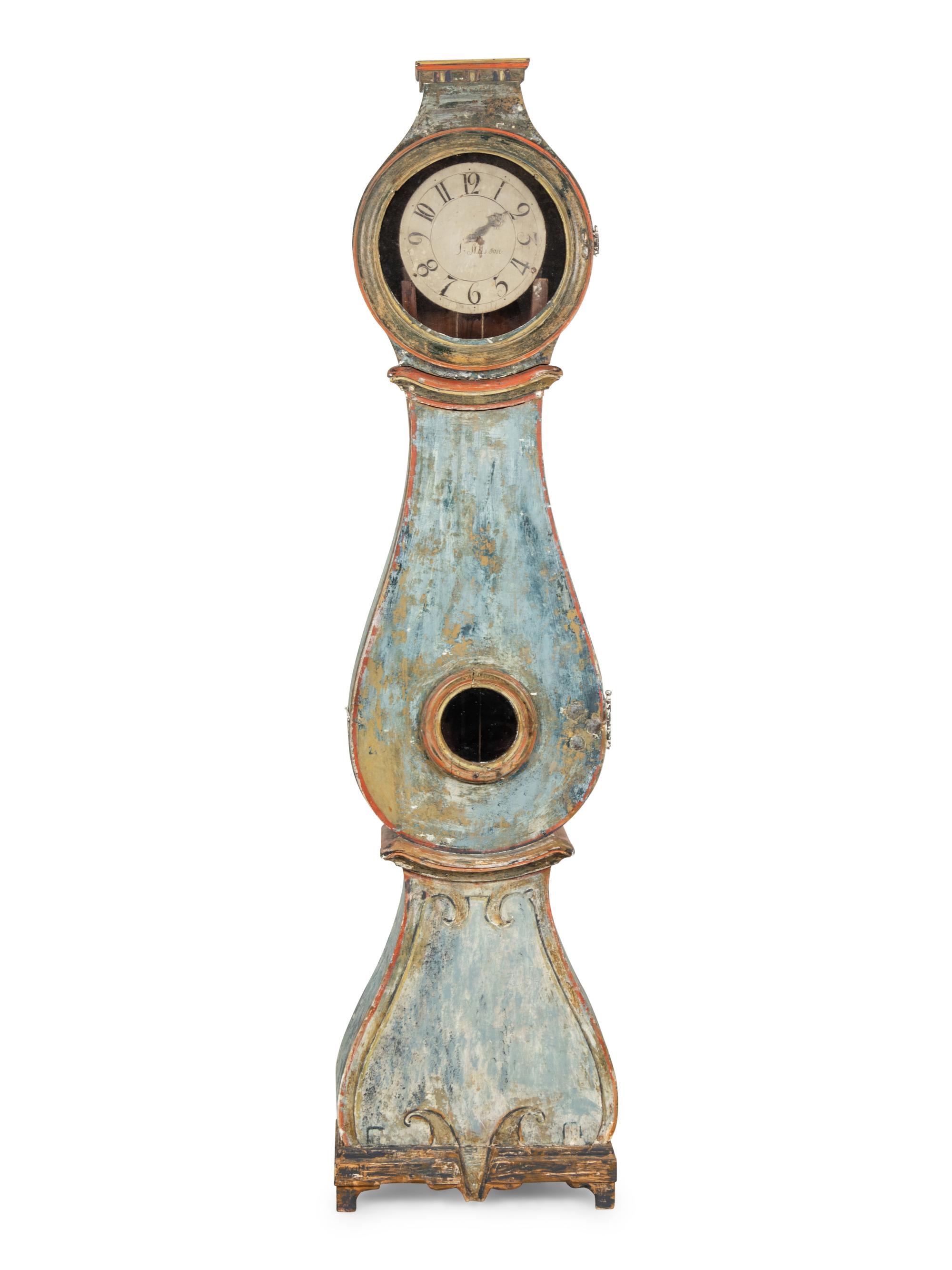 A Gustavian Blue-Painted Morbier-Form Clock