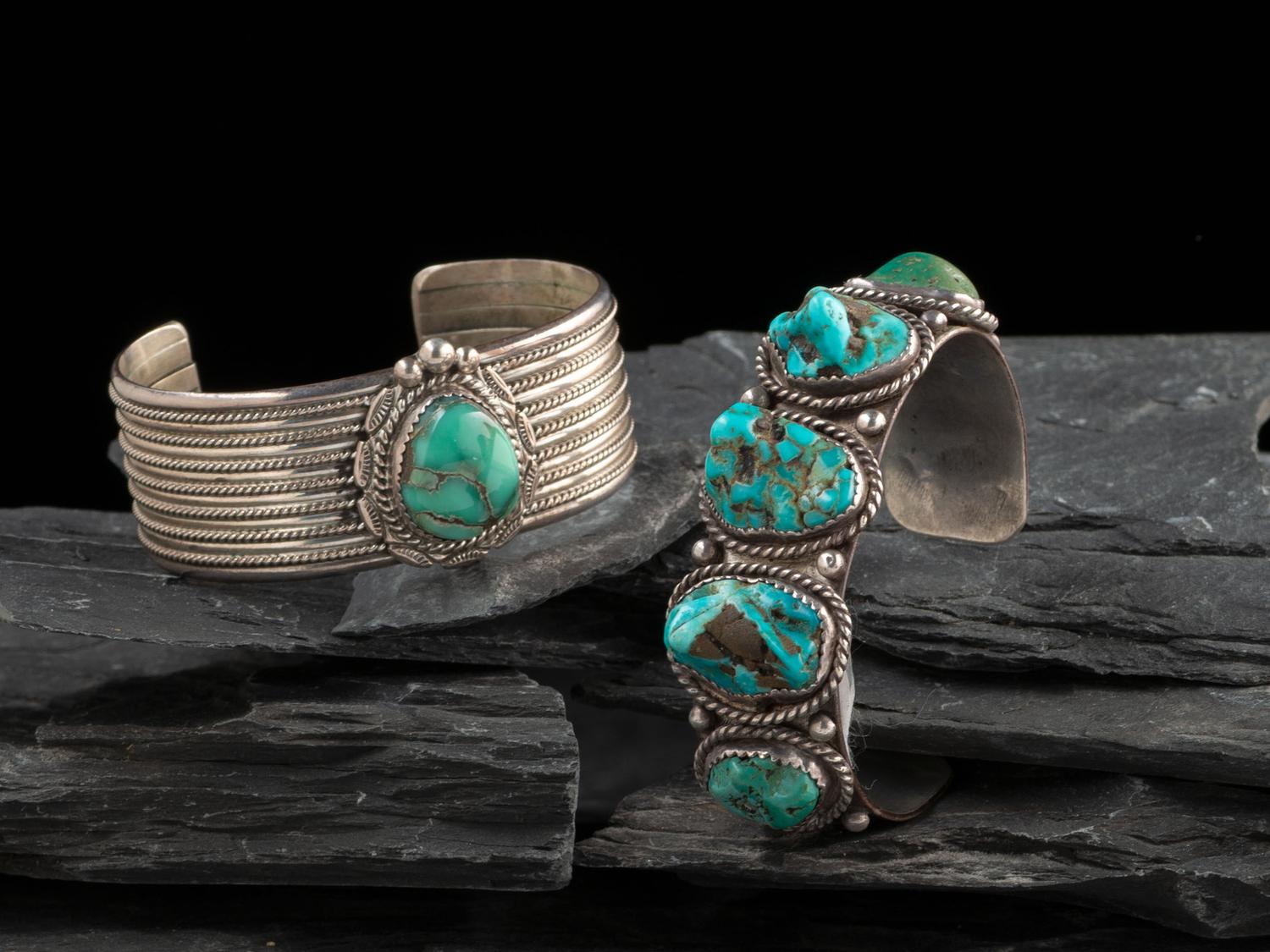 Pair of Navajo Silver and Turquoise Cuff Bracelets