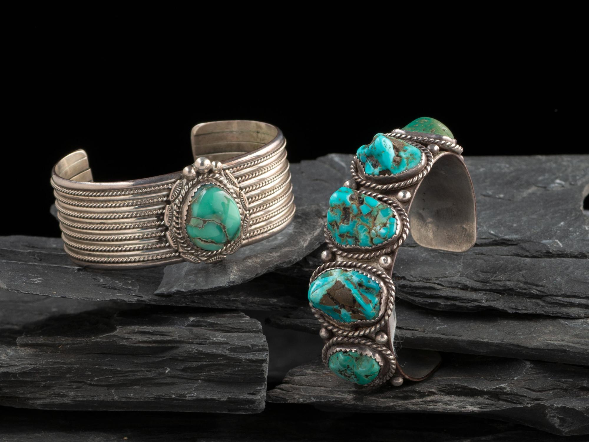 Pair of Navajo Silver and Turquoise Cuff Bracelets